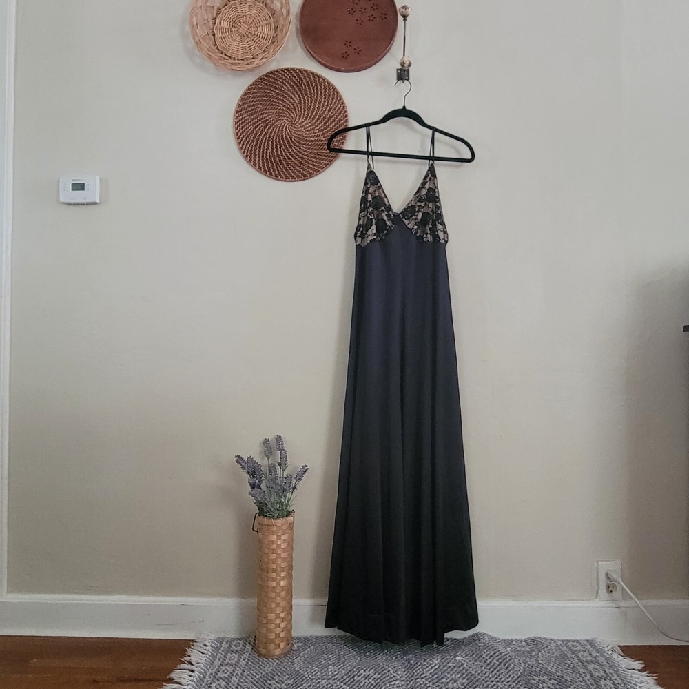 Vintage Black Satin Lace Trim Maxi Slip Dress Nightgown Multi-Strap Back V-Neck